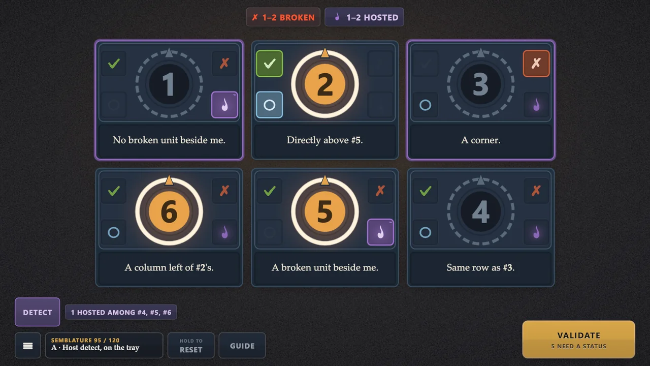 Six units on a tray, two rows of three, with statements about rows, columns and corners. Detect is switched on, two units are selected, and a result reads 1 hosted among numbers 4, 5 and 6.