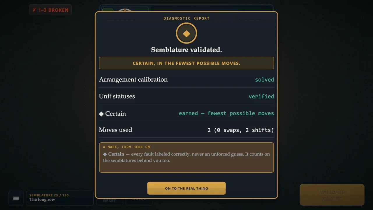 The diagnostic report for a solved semblature: arrangement solved, unit statuses verified, the Certain mark earned in the fewest possible moves, and two moves used.